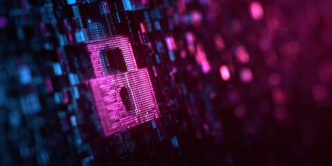 Digital padlock glows on a background of abstract data streams.