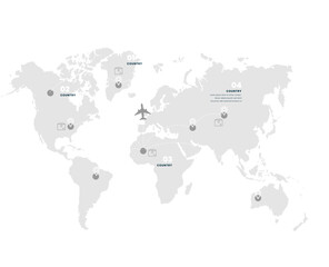 World map vector graphics design with start to end location with plane. Gray background. Perfect for business concepts, background, backdrop, banner, poster, sticker, label and wallpapers. Vector icon