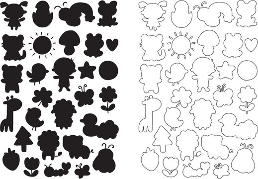Collection of cute cartoon animal and nature silhouettes with their corresponding outlines for design