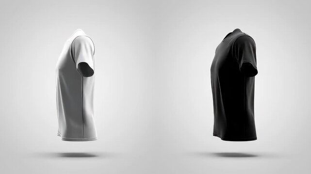 Rotating black and white t-shirt mockups spinning in a clean 3D animation, perfect for apparel branding and fashion design visualization.
