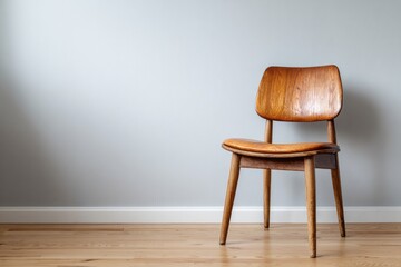 A single wooden chair sits against a light gray wall.