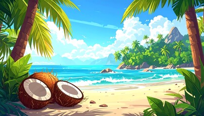 Tropical Beach Paradise with Coconuts and Palm Trees Illustration.