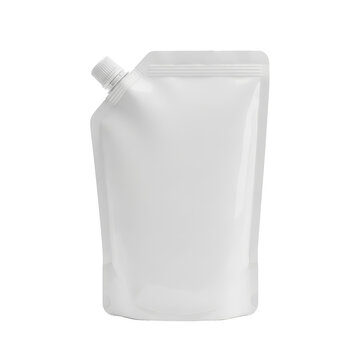 Standing white plastic spout pouch with zipper closure
