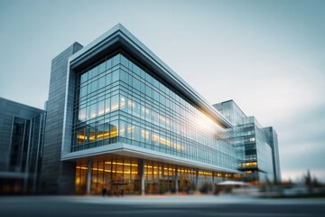 Modern glass office building with bright interior lights.