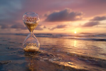 Glass hourglass on a beach showing time transition from 2025 to 2026 symbolizing change and the passage of time.