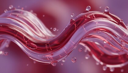 Abstract Dynamic Fluid Wave in Crimson Red and Lavender with Luminous Transparency and Water Droplets