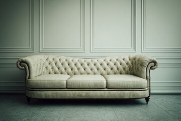 Elegant tufted sofa with rolled arms stands against a paneled wall.