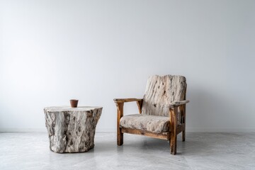 Rustic chair and log table complement a minimalist room interior.
