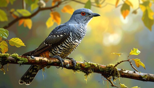Beautiful Blue Rock Thrush Perched on a Branch in Autumn.