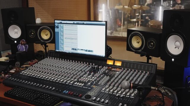 Audio studio setup, Mixing station with screens and audio equipment
