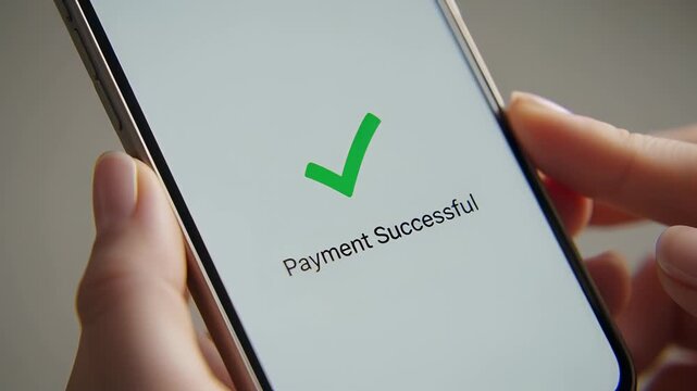 Close-up of a woman's hand utilizing a smartphone app for online shopping, tapping pay now to trigger a green success checkmark, illustrating seamless mobile payment and digital transaction concepts.