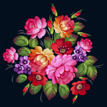 Zhostovo Style Floral Bouquet on Black Background, Slavic Folk Art Vector Illustration for Luxury Kitchen Textile and Home Decor