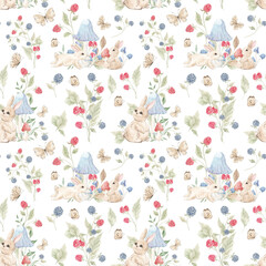 Naklejka premium Watercolor seamless pattern with forest animals. Bunny in a basket. Forest berries, mushrooms. Children's wallpaper, home textiles. Print for packaging. Cute bunnies.