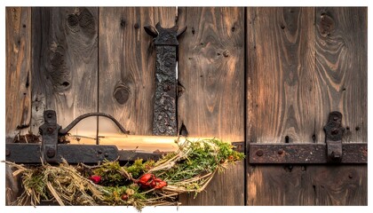 Rustic Charm - Wooden Door with Festive Wreath and Iron Hardware.
