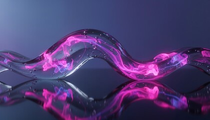 Abstract Transparent Fluid Sculpture with Neon Pink Glowing Internal Liquid Waves and Bubbles