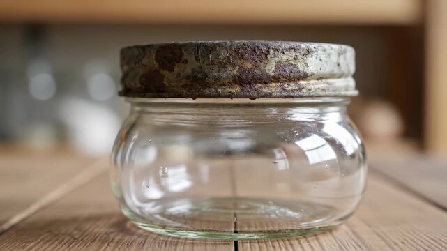 Empty glass jar sits on wooden table. The setting is a kitchen with a warm atmosphere. Concept of food storage, home organization, kitchen decor