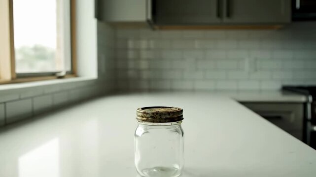 Empty glass jar sits on clean white countertop in bright kitchen. Natural light enters through windows creating bright setting. Concept of home decor, kitchen supplies, food storage
