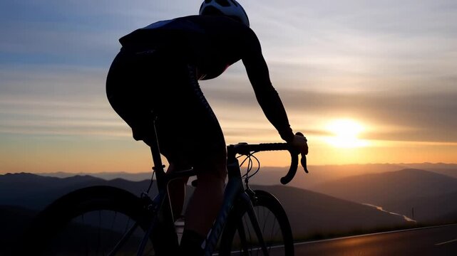 Silhouette of an athletic cyclist riding a bicycle uphill on a steep mountain road against a golden sunset, symbolizing endurance and success.
