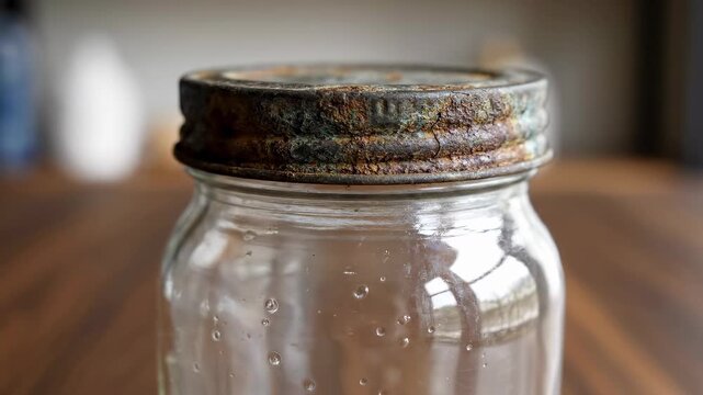 Jar with rusted lid sits on wooden table with water droplets on glass. Indoor setting with warm light highlights surface details. Concept of food storage, home decor, kitchen accessories