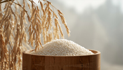 朝霧のような柔光で木枡の新米と稲穂をしっとり描写