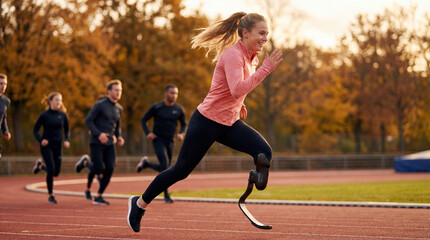 Fototapeta premium A determined female athlete with a prosthetic leg sprints along a race track, symbolizing resilience, and determination. capture the moment of athletes' effort and determination in the photo.