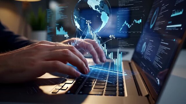 Professional hands typing on a laptop with futuristic blue holographic data charts and a glowing world globe, visualizing global big business analytics and finance.