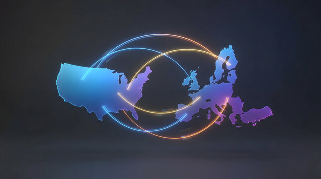 Neon outlines of USA and Europe connected by glowing rings on dark background United States