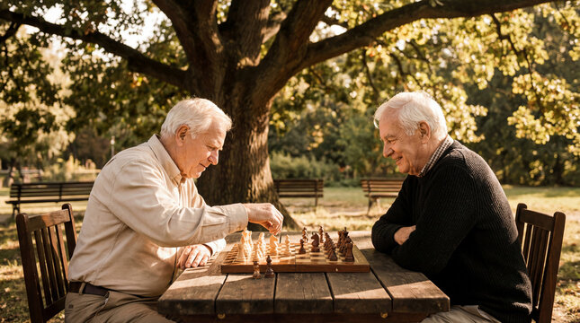 Two seniors engage in a friendly game of chess, set beneath the shade of a grand tree in a serene park. Capturing the essence of companionship, intellectual stimulation.
