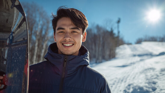 紺のダウンに身を包んだ男性スノーボーダーが青空のゲレンデで微笑む