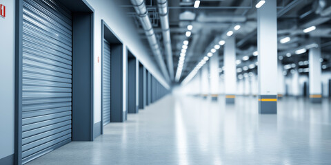 Fototapeta premium Empty storage units in a large modern warehouse, showing a long corridor with closed silver roller shutters
