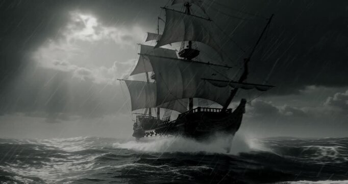 Pirate Ship Sailing through fierce stormy