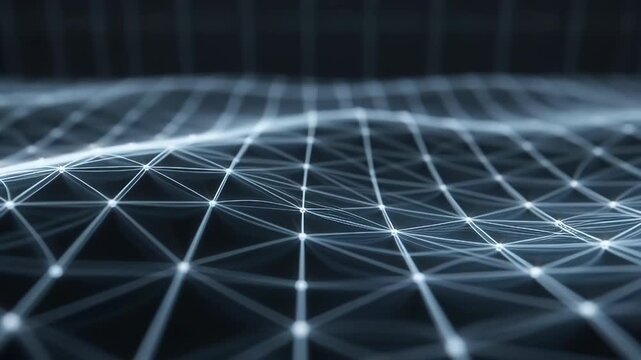 Abstract blue wireframe wave connecting dots and lines in a seamless 3D loop, representing digital technology network and data flow background.