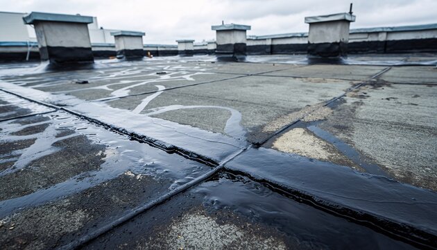 Flat rooftop with visible water puddles and dark sealant on seams under an overcast sky.