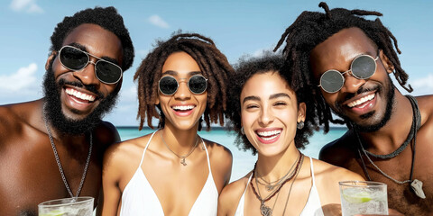 Naklejka premium Group of diverse young adults smiling and having fun together, celebrating friendship and summer holidays by the ocean