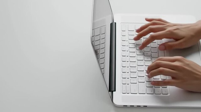 Top view of hands typing on a white laptop keyboard on a clean desk with copy space, illustrating remote work and modern business technology concepts.
