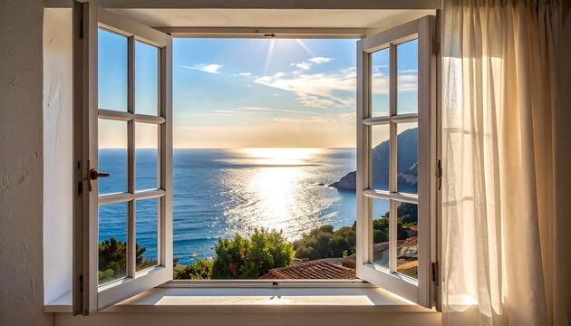 Open window view of the ocean at sunset, a tranquil escape.