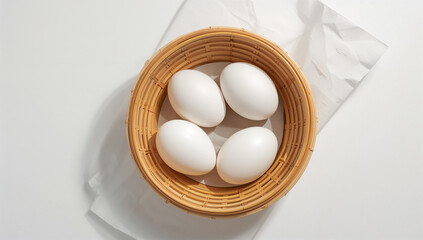 白い卵を竹かごに入れて白背景で丁寧に物撮り