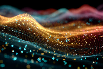 Vibrant colorful visualization of sound waves and patterns in motion across a dark background