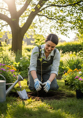 young woman planting flowers in garden