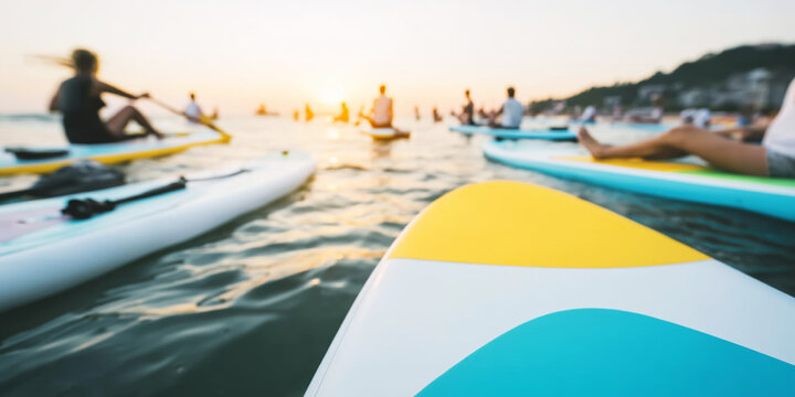 Group of people paddle boarding at sunset, reflecting a peaceful summer vacation and water sport leisure activity