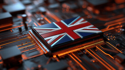 United Kingdom Digital Technology Concept Featuring British Flag Integrated into Advanced Microchip and Circuit Board Representing Innovation, AI and National Tech Infrastructure