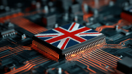 United Kingdom Digital Technology Concept Featuring British Flag Integrated into Advanced Microchip and Circuit Board Representing Innovation, AI and National Tech Infrastructure
