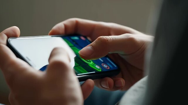 Cinematic close up of male hands playing a mobile game on a smartphone, tapping a green interface with focus, representing digital leisure and app engagement.
