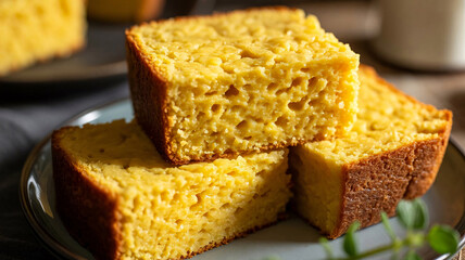 Close-up of golden baked cornbread slices showing moist texture and homemade quality