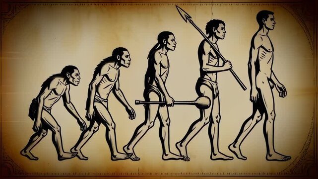 Animated sketch of human evolution stages on vintage sepia parchment, depicting the progression from primate to hunter for anthropology concepts.