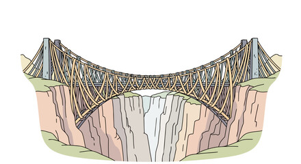 Fototapeta premium Detailed architectural illustration of a complex suspension bridge spanning a deep canyon.