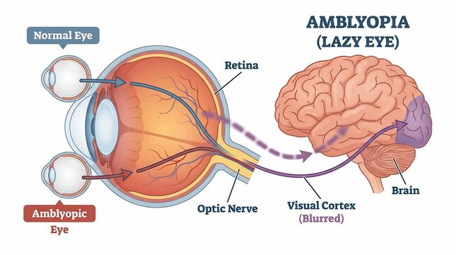 Medical illustration of amblyopia lazy eye and brain connection