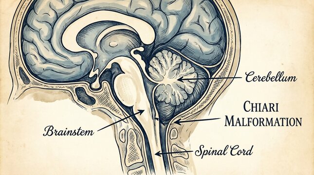 Medical diagram of brainstem and cerebellum with chiari malformation