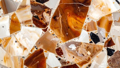 Abstract Mosaic Pattern with Amber and White Glass Pieces.
