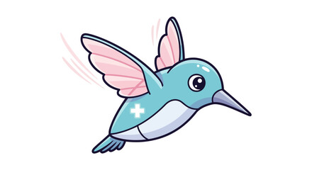 Cute blue cartoon hummingbird character flying with pink wings.